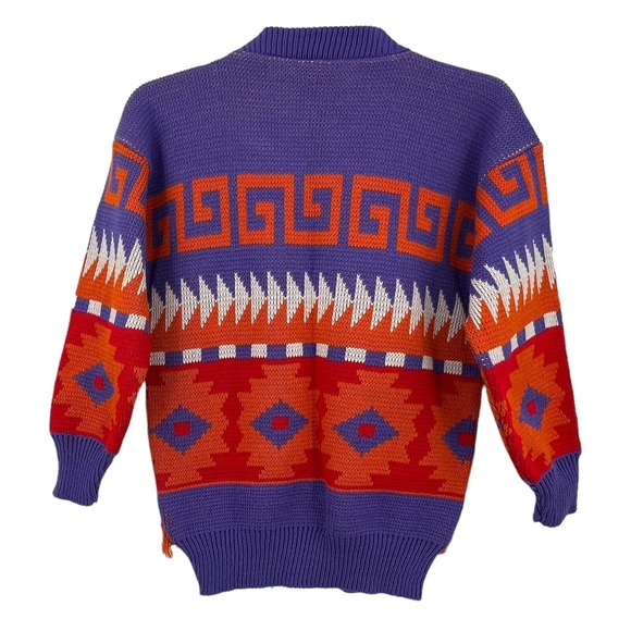 Rags Womens Sweater Vintage New 80s Knitwear Purple Orange Aztec Fringe Medium - Picture 5 of 10